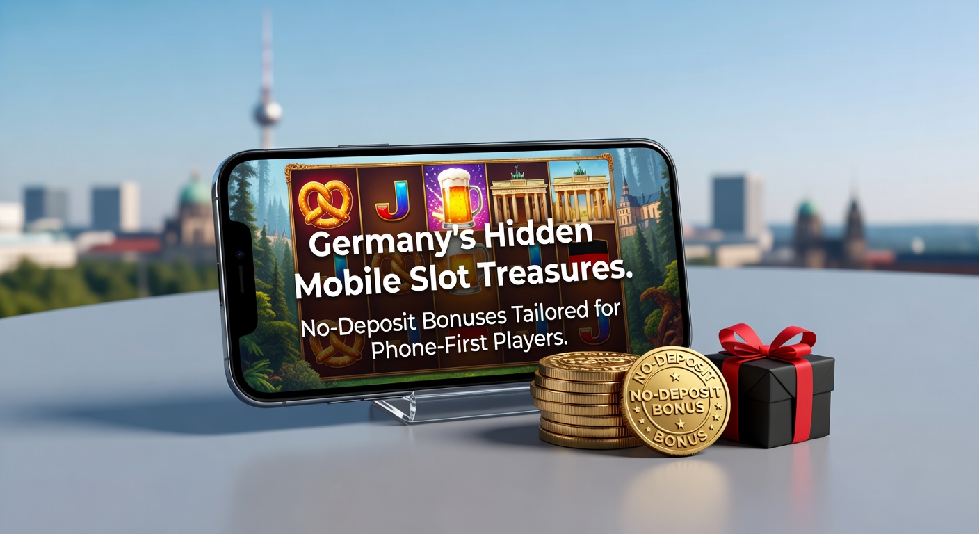 Smartphone mit leuchtenden Slot-Maschinen und No-Deposit-Bonus-Symbolen auf dem Bildschirm, typisch für deutsche mobile Spieler